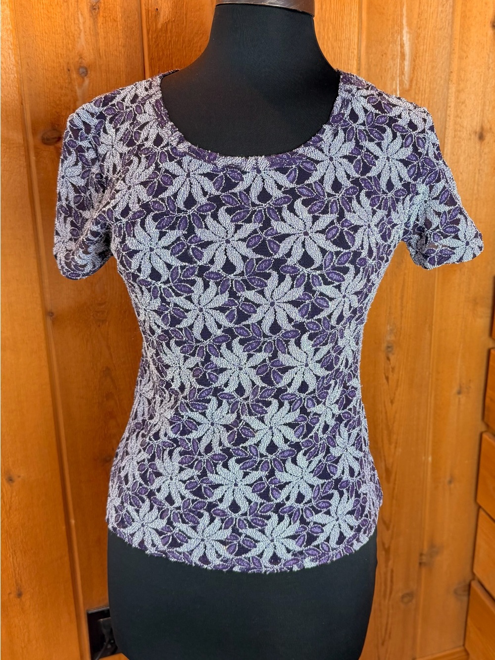Women's Purple Floral Lace Short-Sleeve Tee USA size 10 UK 14